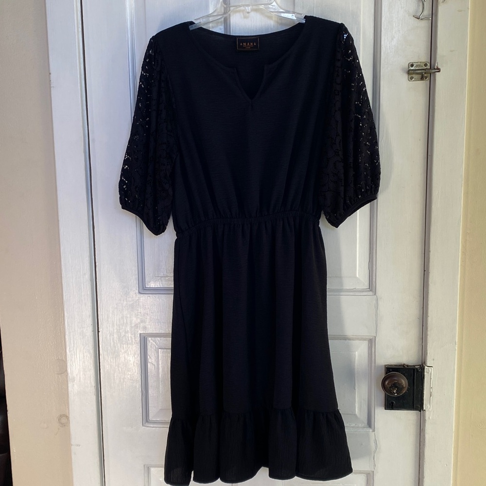 Amana Black Dress with Lace Sleeves Large - Picture 4 of 16